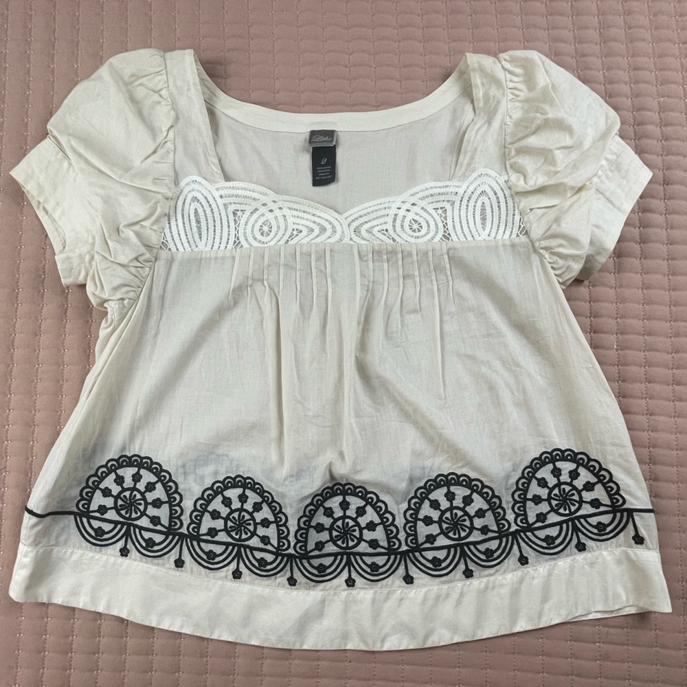 Anthropologie Lithe Chantal Cream Embroidered Cotton Blouse Size 2